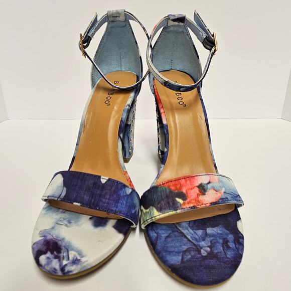 Blue Floral Bamboo Influencer Wrapped Block‎ Heel Ankle Strap Sandal Size 8 - Picture 2 of 9